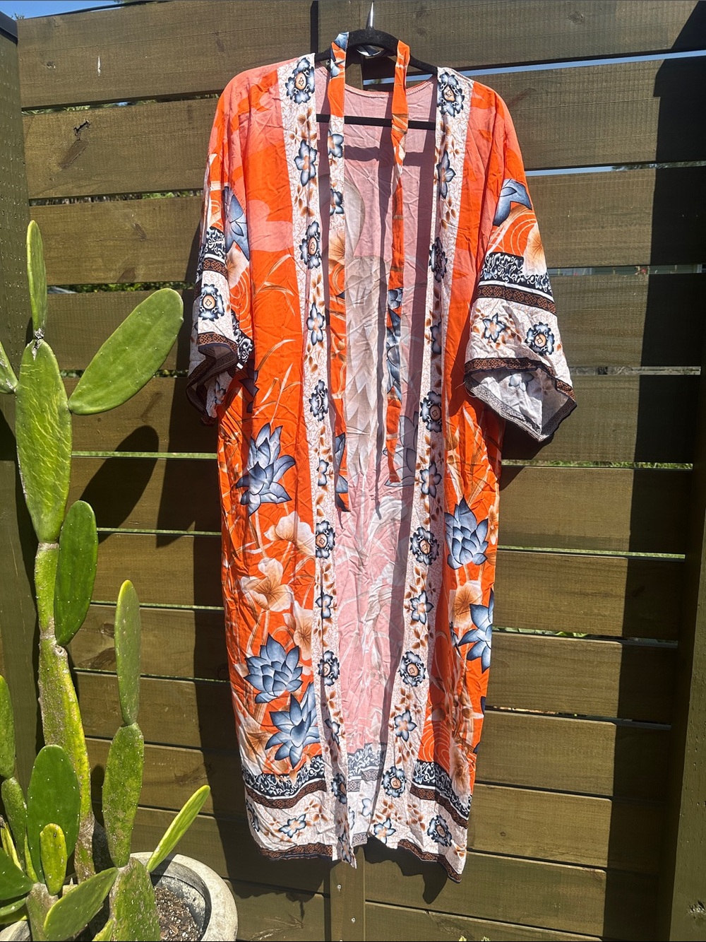 Women's Orange Floral Kimono with Blue Accents